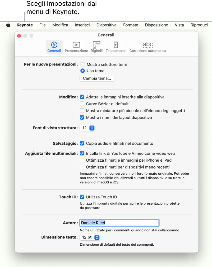 Finestra delle impostazioni di Keynote aperta nel pannello Generali.