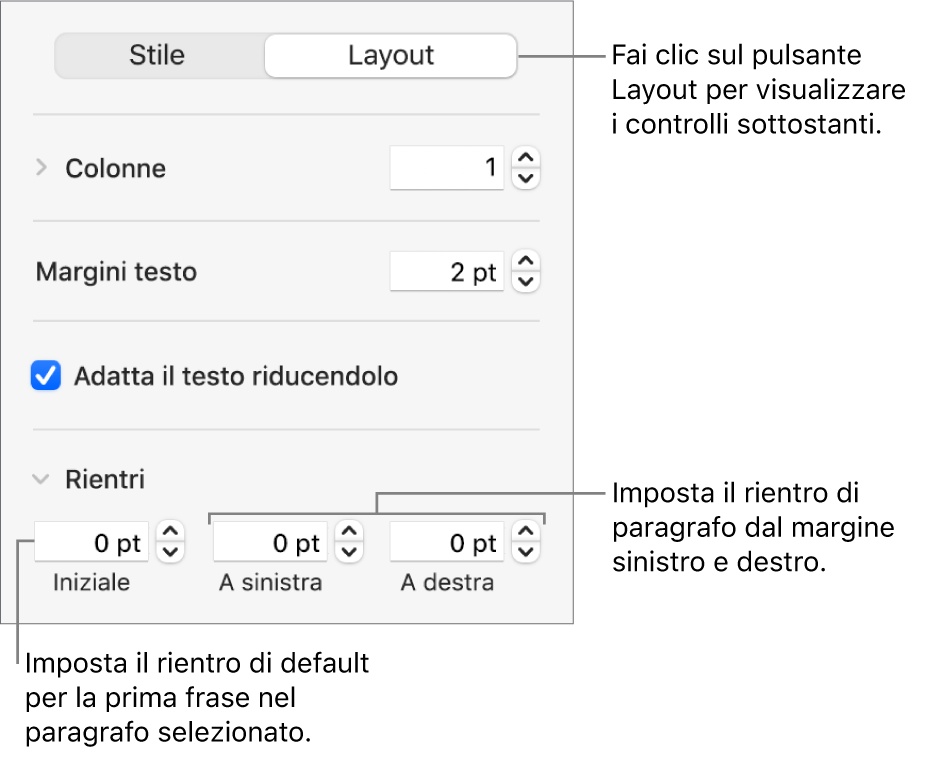 Sezione Layout della barra laterale Formattazione con i controlli per impostare il rientro della prima riga e i margini dei paragrafi.