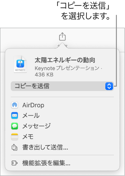 「共有」メニュー。上部で「コピーを送信」が選択されています。