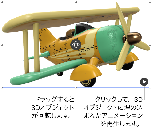 3Dオブジェクト。中央に回転ボタン、右下隅に再生ボタンがあります。