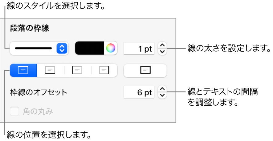 線のスタイル、太さ、位置、カラーを変更するためのコントロール。