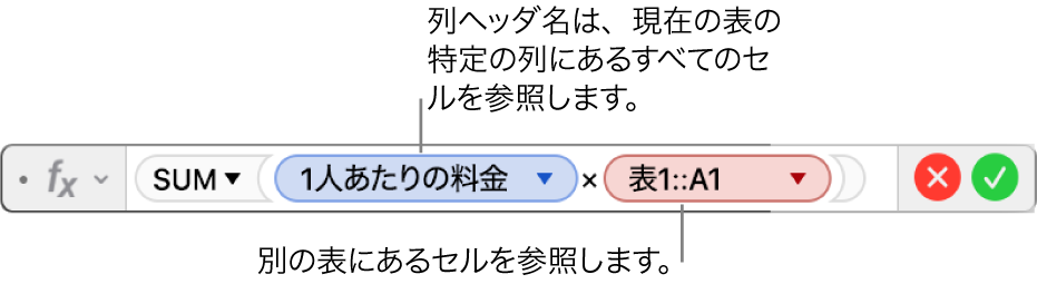 三角ボタンが表示された数式エディタ。三角ボタンをクリックすると、行参照と列参照を保持するためのオプションが開きます。