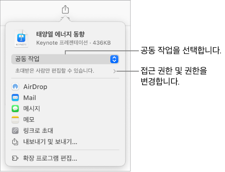 상단에 공동 작업이 선택되어 있는 공유 메뉴가 있고, 그 아래에는 접근 및 권한 설정이 있음.