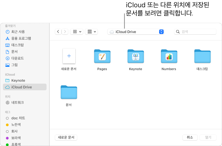 사이드바가 열려 있는 열린 대화상자가 왼쪽이 있고 상단의 팝업 메뉴에 iCloud Drive가 선택됨. Keynote, Numbers 및 Pages의 폴더가 새로운 문서 버튼과 함께 대화상자에 나타남.