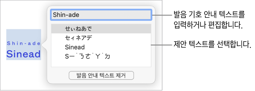 발음 기호 안내는 텍스트 필드 및 제안 텍스트에 대한 설명이 있는 단어에 대해 열립니다.