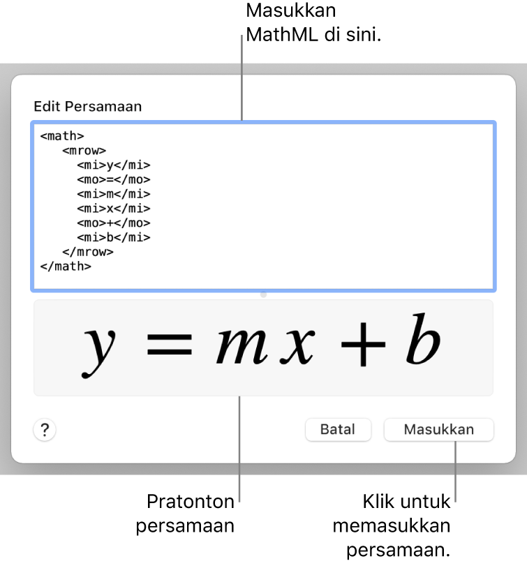 Persamaan untuk cerun garis dalam medan Edit Persamaan dan pratonton formula di bawah.