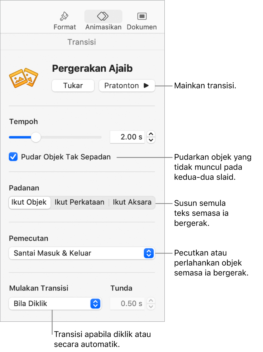 Kawalan transisi Pergerakan Ajaib di bahagian Transisi dalam bar sisi Animasi.