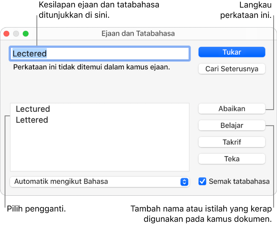 Tetingkap Ejaan dan Tatabahasa.