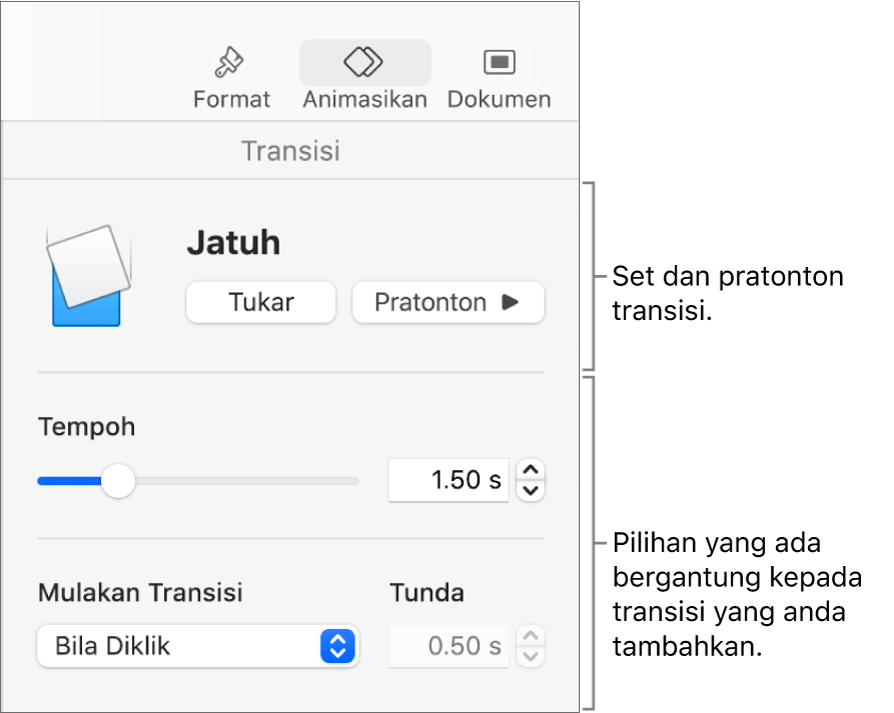 Kawalan transisi di bahagian Transisi dalam bar sisi.