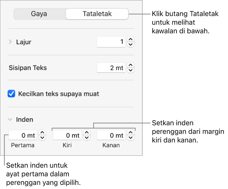 Bahagian Tataletak pada bar sisi Format menunjukkan kawalan untuk mengesetkan inden baris pertama dan margin perenggan.