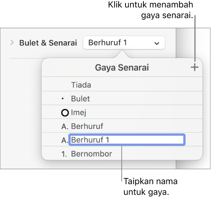 Menu timbul Gaya Senarai dengan butang Tambah di penjuru kanan atas dan nama gaya ruang letak dengan teksnya dipilih.