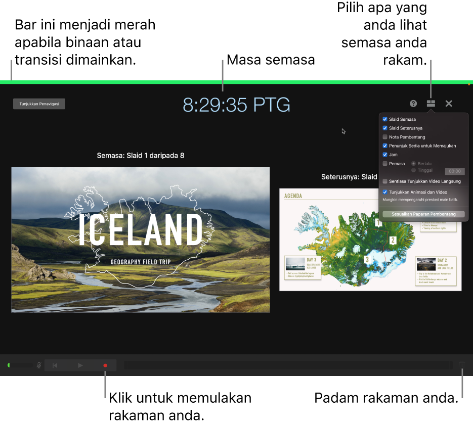 Tangkapan skrin mod rakaman suara pada paparan penyampai. Slaid semasa dan seterusnya, masa semasa dan kawalan paparan penyampai kelihatan. Kawalan untuk memulakan dan menamatkan rakaman dan kawalan untuk memadamkan rakaman kelihatan berhampiran bahagian bawah paparan.