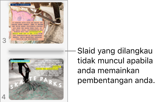 Penavigasi slaid dengan slaid dilangkau ditunjukkan sebagai garis mendatar.