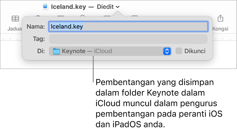 Dialog Simpan untuk pembentangan dengan Keynote—iCloud dalam menu timbul Tempat.