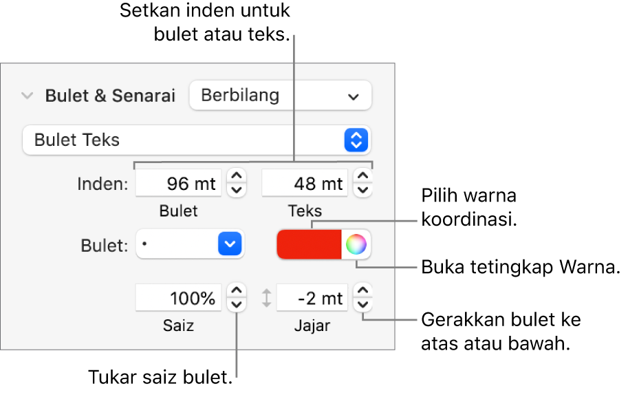 Bahagian Bulet & Senarai dengan petak bual ke kawalan untuk bulet dan inden teks, warna bulet, saiz bulet dan penjajaran.