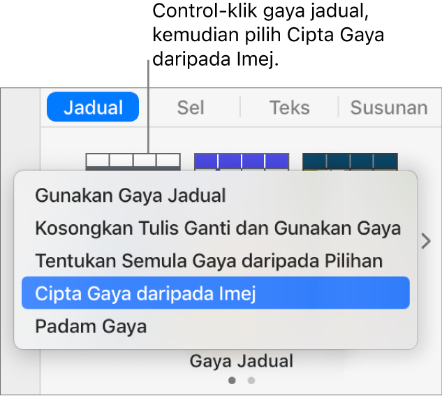 Menu pintasan gaya jadual.