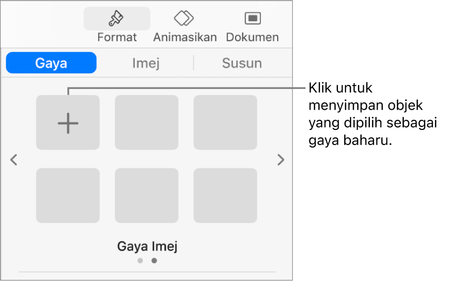 Tab Gaya pada bar sisi Format dengan satu gaya kotak teks, butang Cipta Gaya di bahagian kanan dan empat ruang letak gaya kosong.