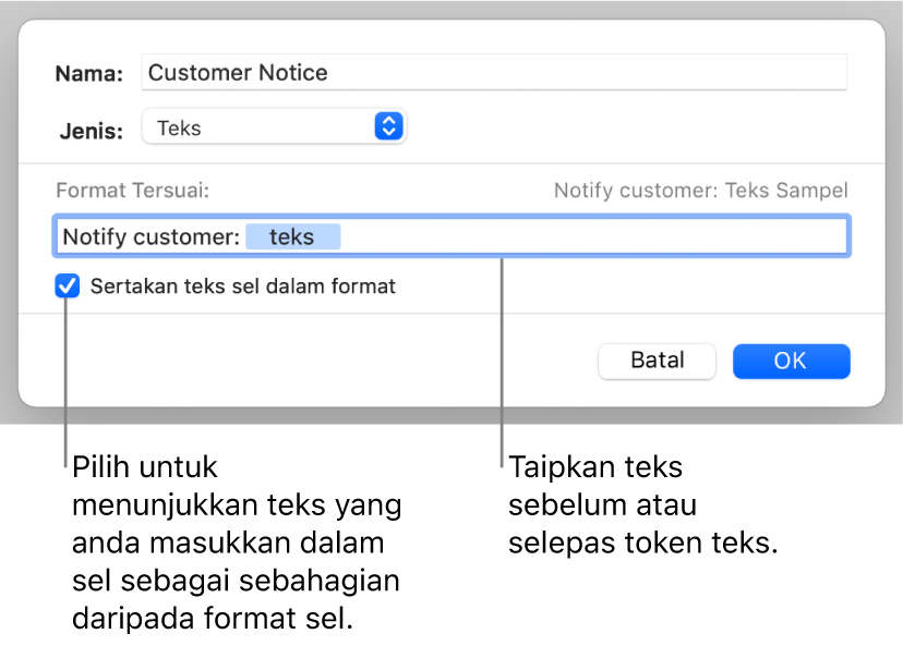 Format sel teks tersuai.