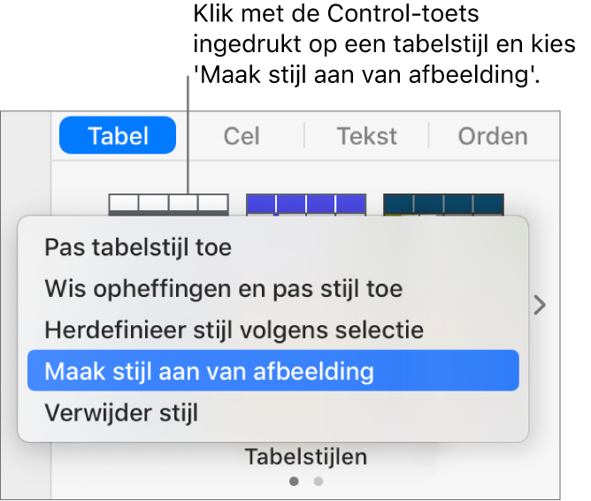 Het contextuele menu voor tabelstijlen.