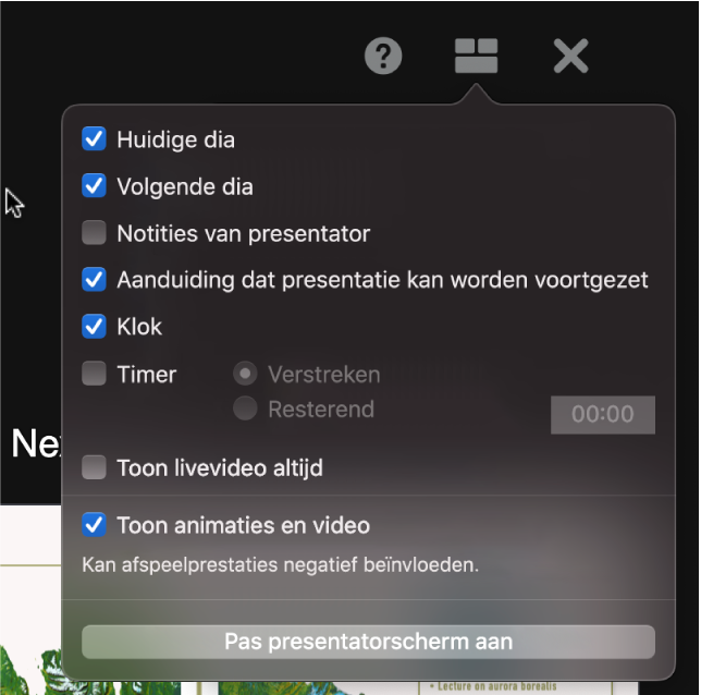 De opties voor het presentatorscherm: 'Huidige dia', 'Volgende dia', 'Notities van presentator', 'Aanduiding dat presentatie kan worden voortgezet', 'Klok' en 'Timer'. Bij 'Timer' kun je aangeven of je de verstreken tijd of de resterende tijd wilt weergeven.