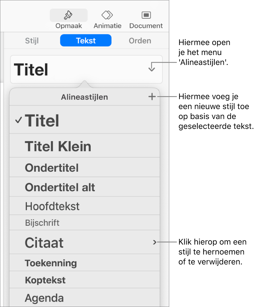 Het menu 'Alineastijlen' met regelaars voor het toevoegen of wijzigen van een stijl.