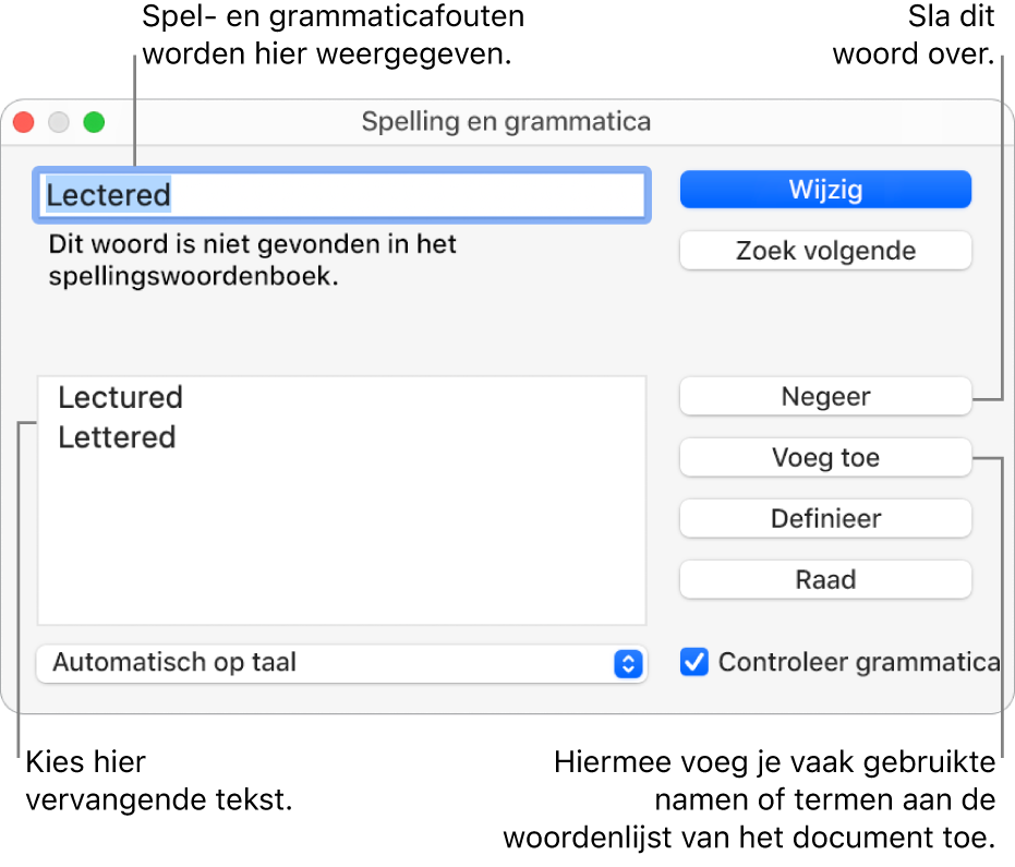 Het venster 'Spelling en grammatica'.