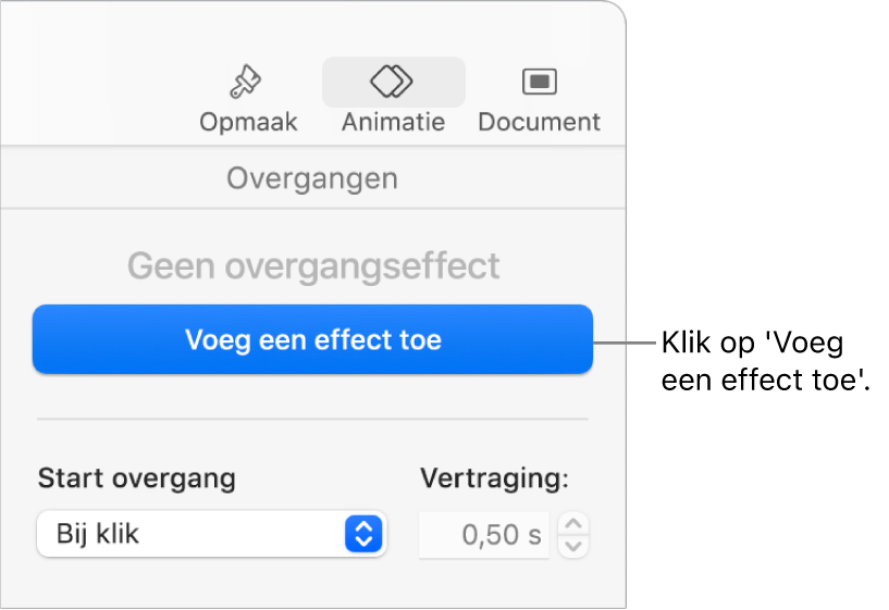 Knop 'Voeg een effect toe' in het gedeelte 'Animatie' van de navigatiekolom.