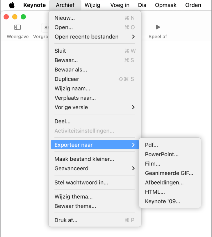 Geopend Archief-menu met de optie 'Exporteer naar' geselecteerd en in het submenu de exportopties voor pdf, PowerPoint, film, HTML, afbeeldingen en Keynote '09.