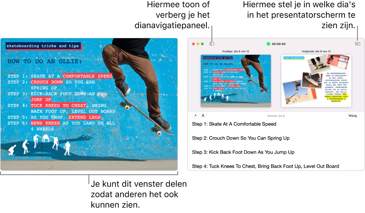 Een Keynote-presentatie in het ene venster en het presentatorscherm in een tweede venster met het dianavigatiepaneel, presentatornotities en een voorvertoning van de dia.