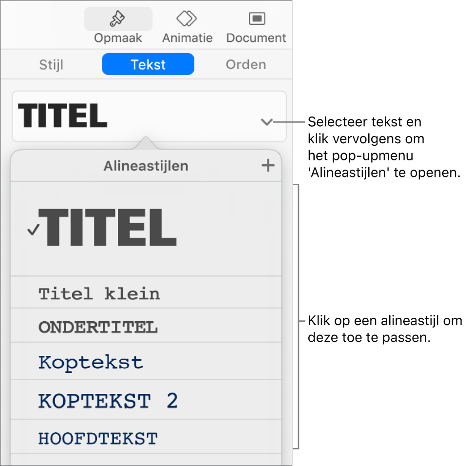 Het menu 'Alineastijlen' met een vinkje naast de geselecteerde stijl.