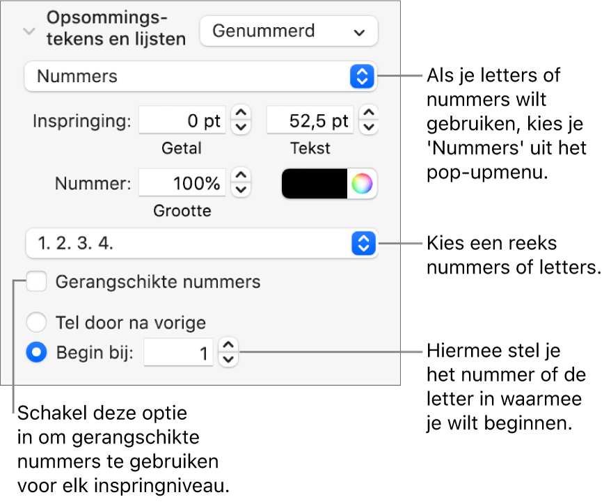 Regelaars voor het wijzigen van de nummeringsstijl en de afstand voor een lijst.