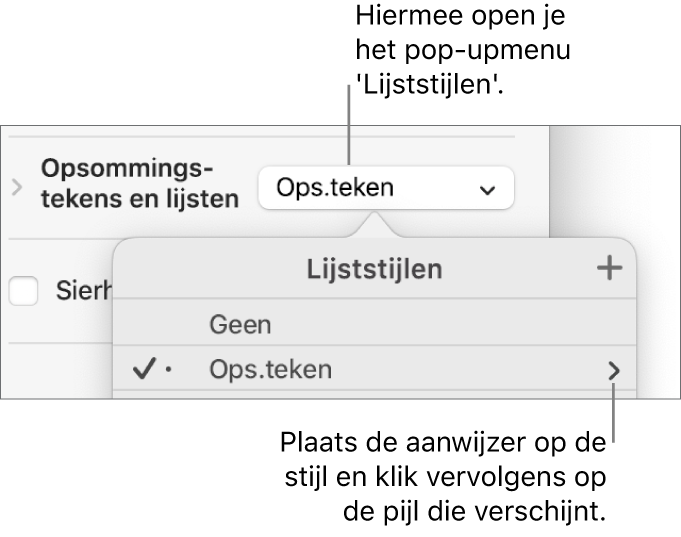 Het pop‑upmenu 'Lijststijlen' waarin één stijl is geselecteerd. Helemaal rechts van de stijl staat een pijl.