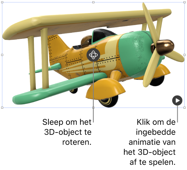 Een 3D-object met de roteerknop in het midden van het object en de afspeelknop in de rechterbenedenhoek.