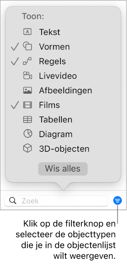 Het pop‑upmenu 'Filter' met een lijst waarin de typen objecten (tekst, vormen, lijnen, afbeeldingen, films, tabellen en diagrammen) staan die de lijst kan bevatten.