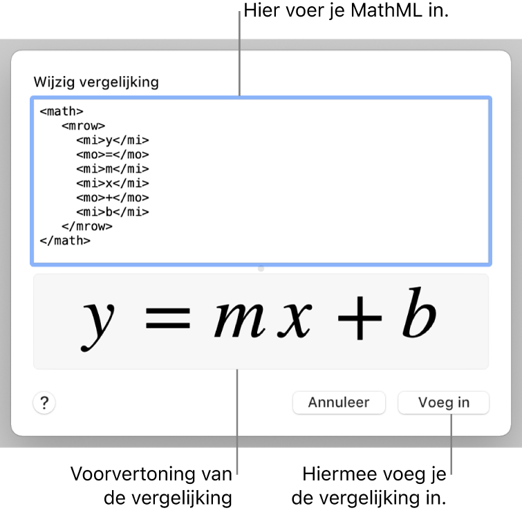 In het veld 'Wijzig vergelijking' staat de vergelijking voor de helling van een lijn, met daaronder een voorvertoning van de formule.