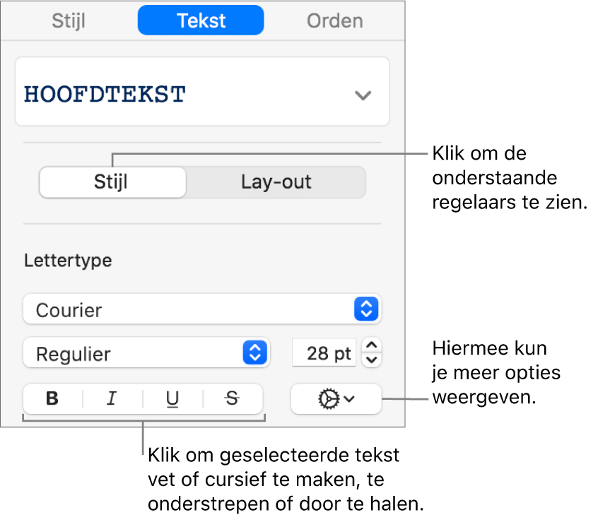 De stijlregelaars in de navigatiekolom met uitleg bij de knoppen 'Vet', 'Cursief', 'Onderstreept' en 'Doorgehaald'.