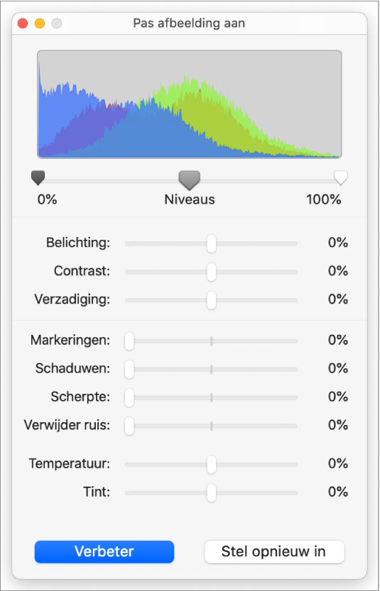 Het venster 'Pas afbeelding aan' met schuifknoppen voor de configuratie van belichting, contrast, verzadiging, markeringen, schaduwen, scherpte, ruisverwijdering, temperatuur en tint.