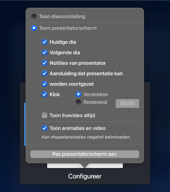 Weergaveopties voor elk beeldscherm. Je kunt de diavoorstelling weergeven of het presentatorscherm met een of meer van deze opties: 'Huidige dia', 'Volgende dia', 'Notities van presentator', 'Aanduiding dat presentatie kan worden voortgezet', 'Klok' en 'Timer'. Bij 'Timer' kun je aangeven of je de verstreken tijd of de resterende tijd wilt weergeven.