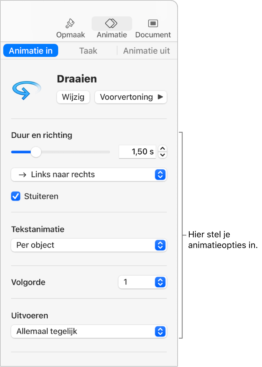 'Animatie in'-opties in het gedeelte 'Animatie' van de navigatiekolom.