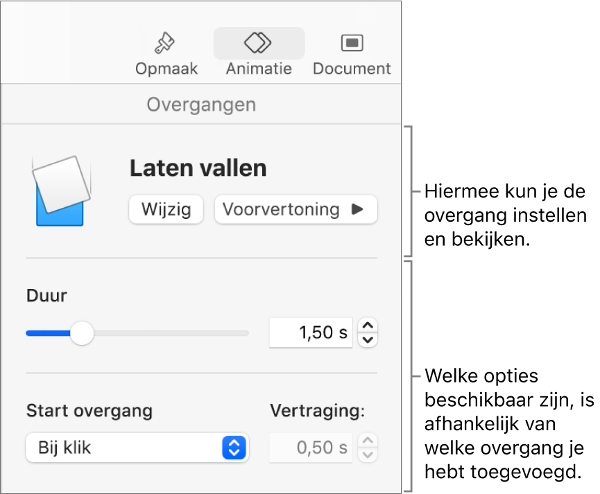 Overgangsregelaars in het gedeelte 'Overgangen' van de navigatiekolom.