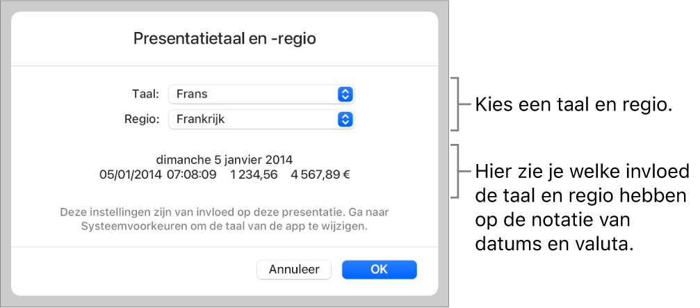 Paneel met regelaars voor de taal en regio en een voorbeeld van de notatie van datum, tijd, decimaalteken en valuta.