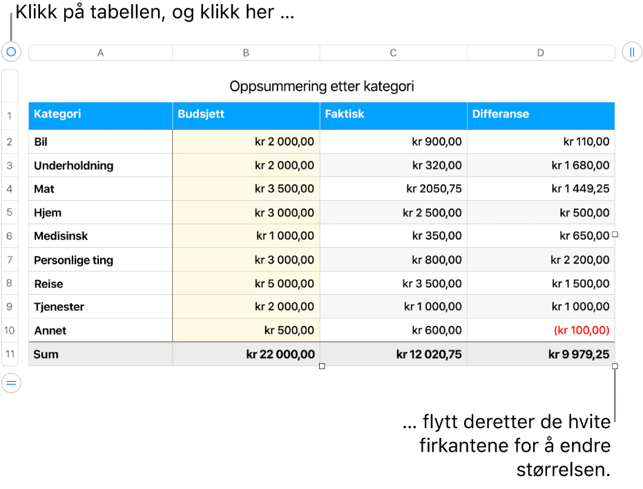 En markert tabell med hvite firkanter for å endre størrelsen.