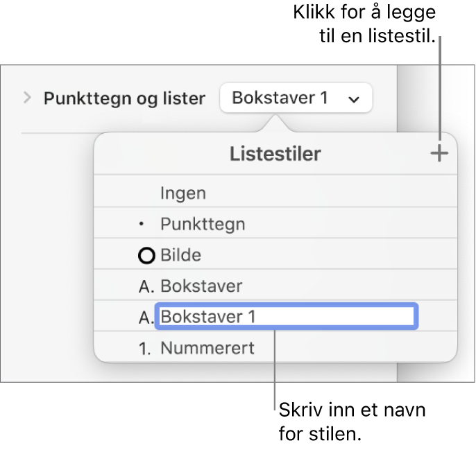 Listestiler-lokalmenyen med en Legg til-knapp øverst i høyre hjørne og et plassholderstilnavn med teksten markert.