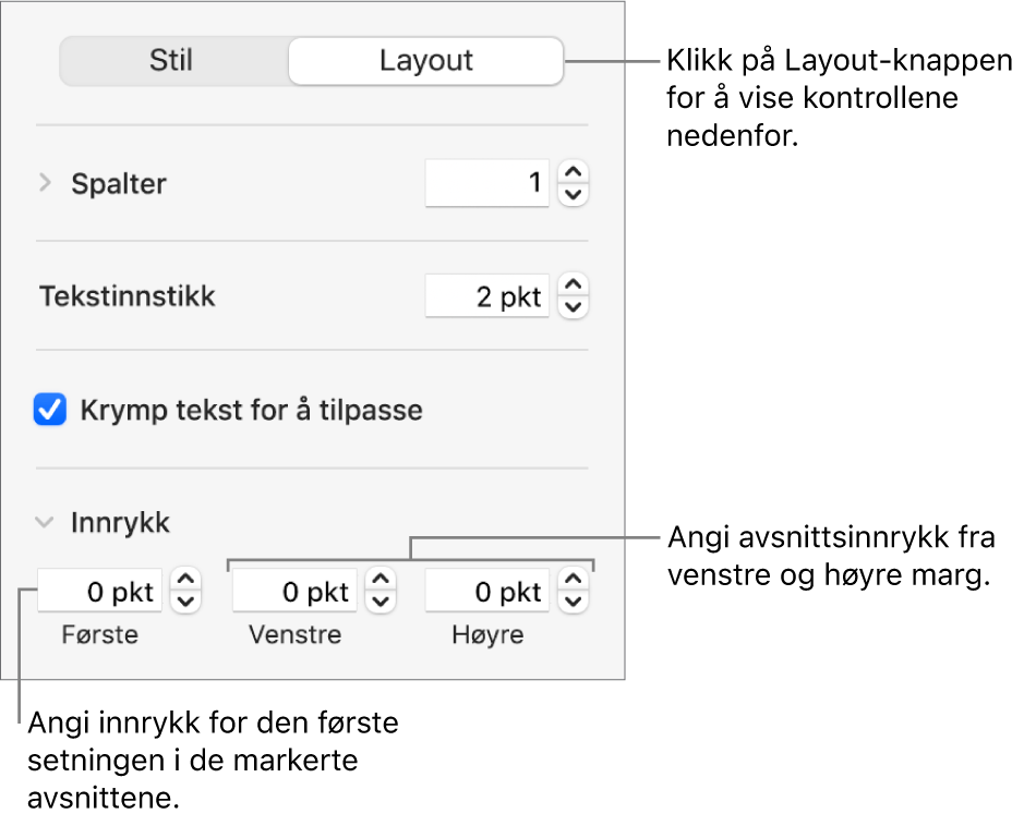 Layout-delen i Format-sidepanelet, som viser kontroller for å angi innrykk for første linje og avsnittsmarger.