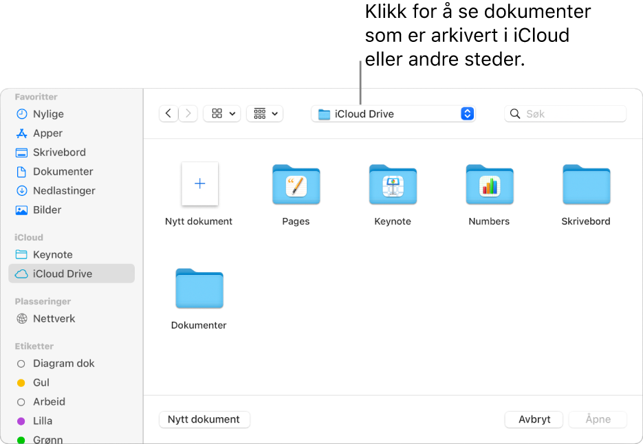 Åpne-dialogruten med sidepanelet åpent på venstre side og iCloud Drive valgt i lokalmenyen øverst. Mapper for Keynote, Numbers og Pages vises i dialogruten sammen med en Nytt dokument-knapp.
