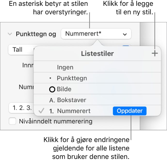 Listestiler-lokalmenyen, med en stjerne som indikerer en overstyring, bildeforklaringer til Ny stil-knappen og en undermeny med valg for håndtering av stiler.