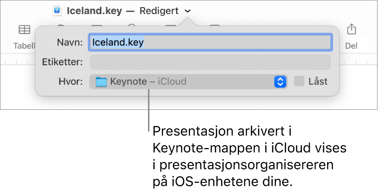 Arkiver-dialogruten for en presentasjon med Keynote – iCloud i Hvor-lokalmenyen.