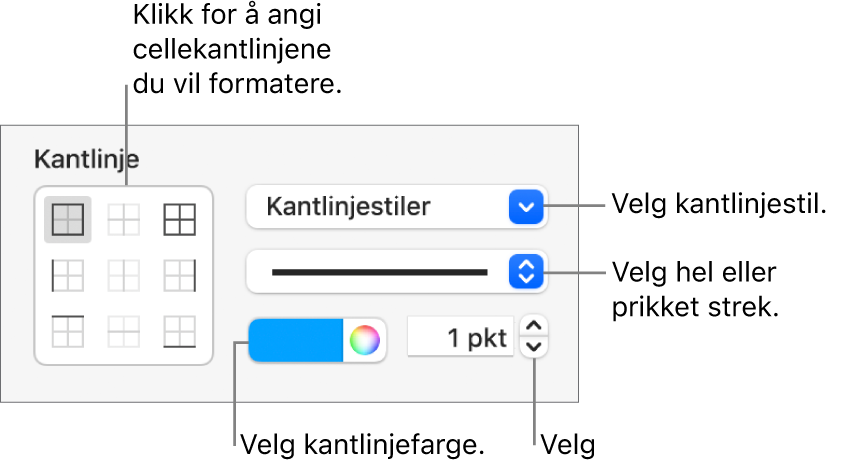 Kontrollene i sidepanelet for å endre utseendet på cellekantlinjene.