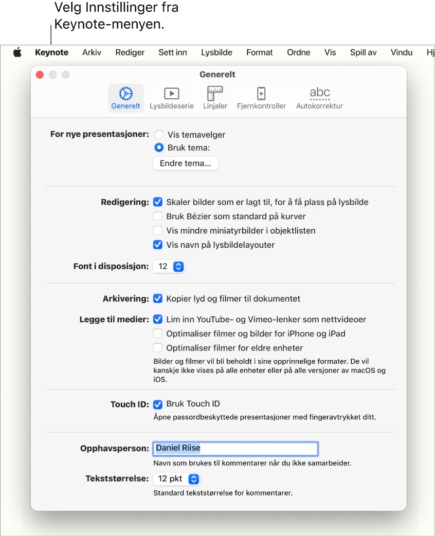 Keynote-innstillingene, med Generelt-panelet åpent.