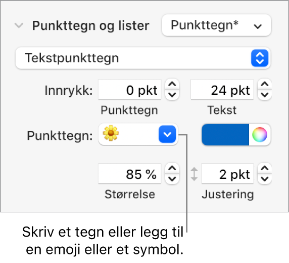 Punkttegn og lister-delen i Format-sidepanelet. Punkttegn-feltet viser en blomsteremoji.